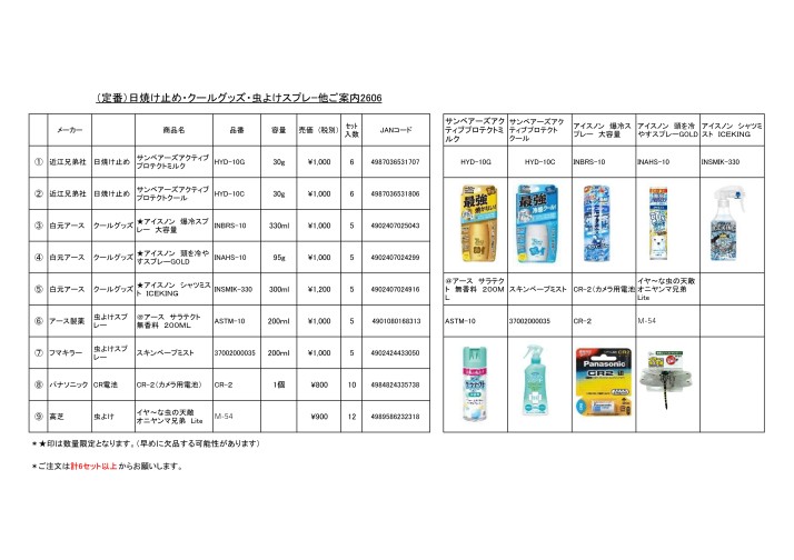 (定番)日焼け止め・クールグッズ・虫よけスプレー他ご案内2606