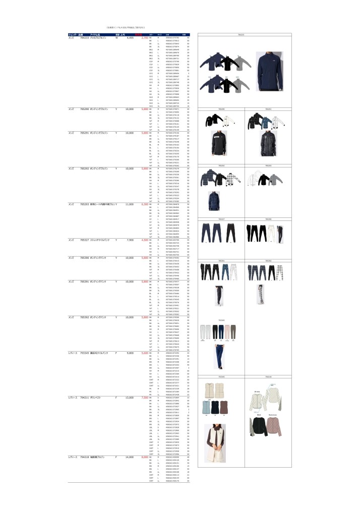 (在庫限り)FILA GOLFウェア特売価ご案内2511