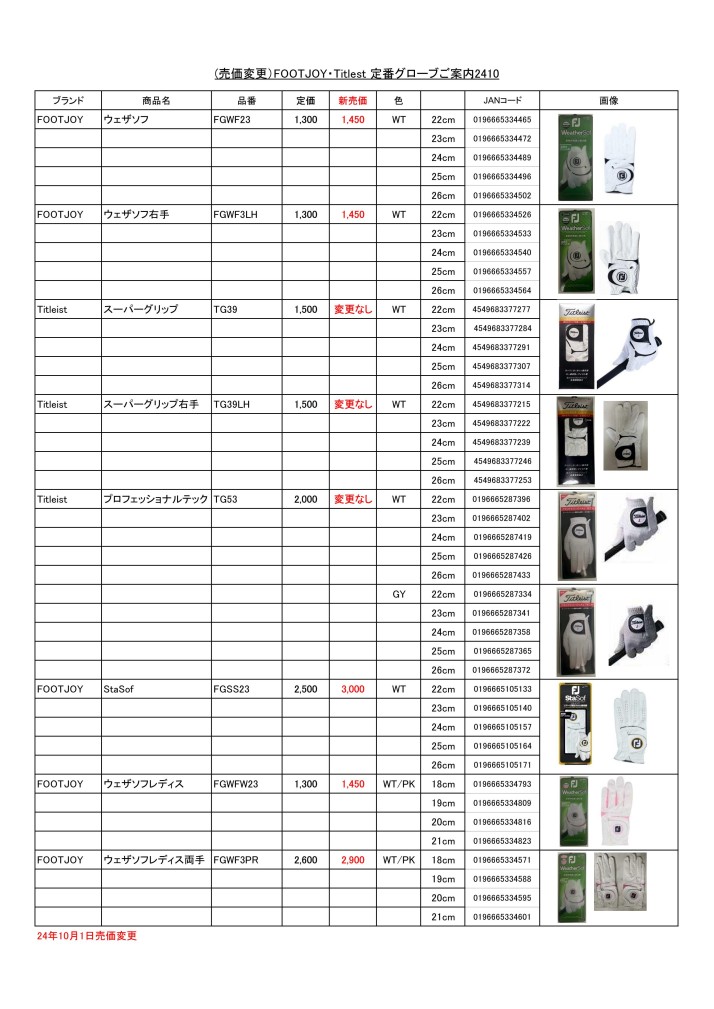 FOOTJOY・Titlest 定番グローブご案内2310