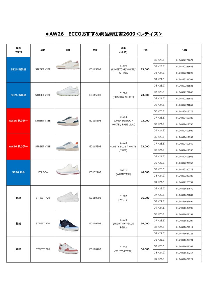 ECCOゴルフシューズ定番品（レディス）ご案内2609