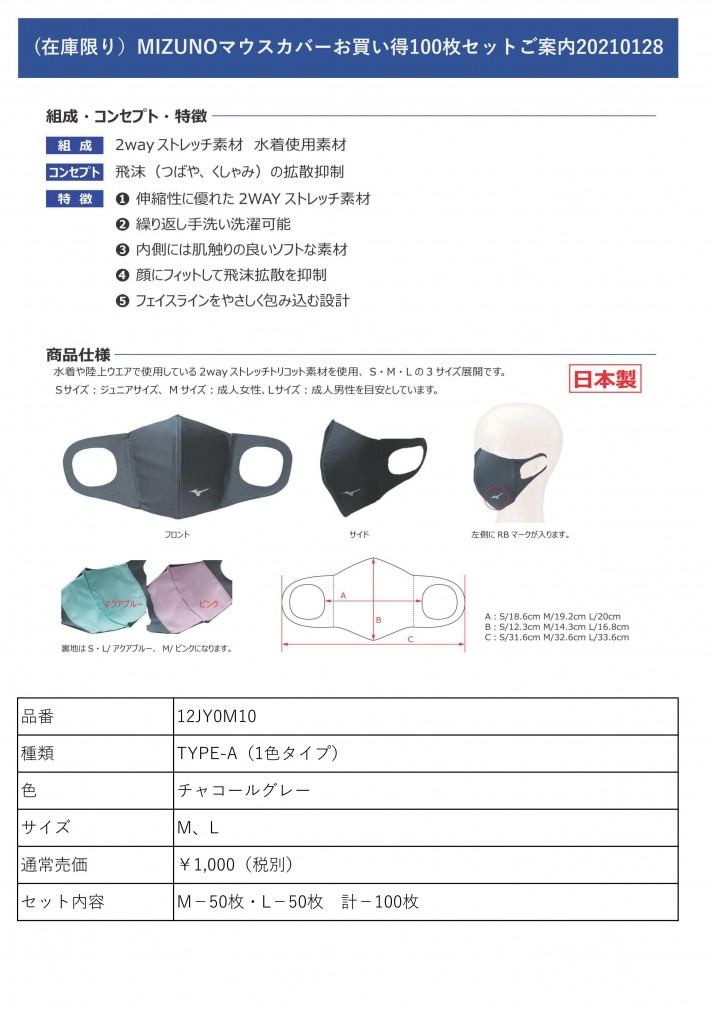 （在庫限り）MIZUNOマウスカバー100枚セットご案内20210128