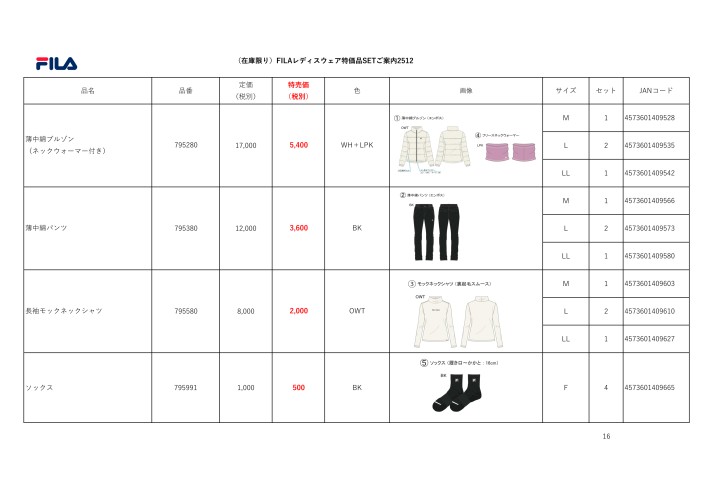 (在庫限り)FILAレディス特価SETご案内2512