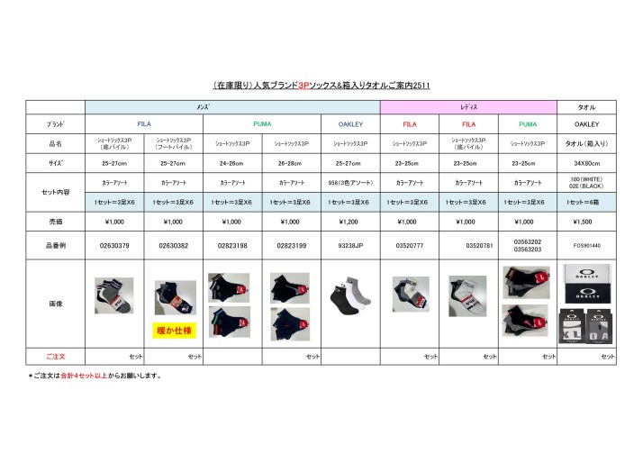 (在庫限り)人気ブランド3Pソックス&箱入りタオルご案内2511