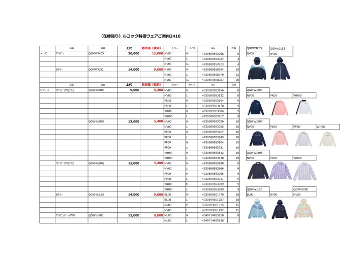 （在庫限り）ルコック特価ウェアご案内2411